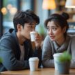 Two young adults in a coffee shop, one looking distant and avoiding eye contact while the other looks hopeful and engaged.
