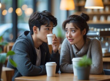 Two young adults in a coffee shop, one looking distant and avoiding eye contact while the other looks hopeful and engaged.