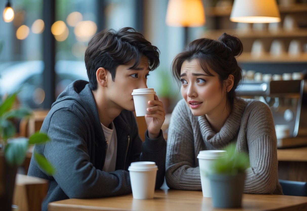 Two young adults in a coffee shop, one looking distant and avoiding eye contact while the other looks hopeful and engaged.