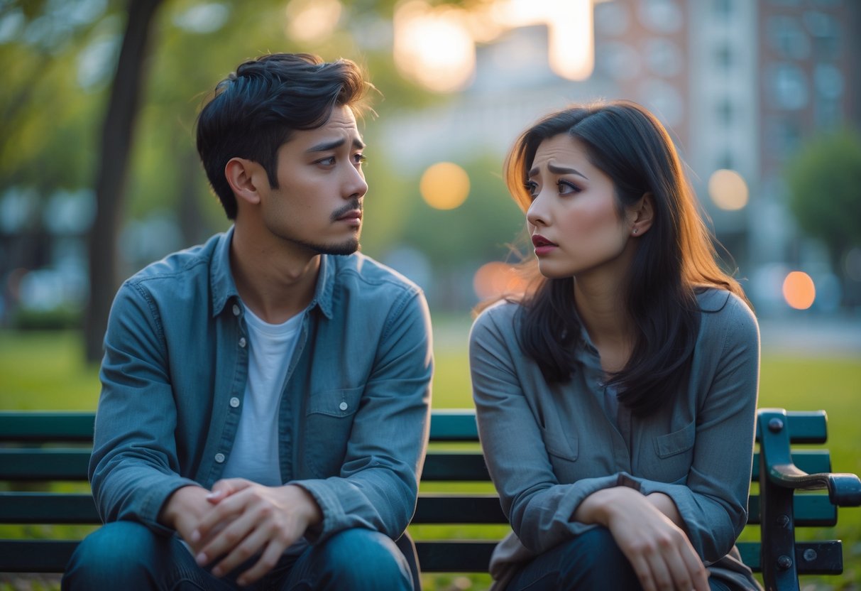 A young couple sitting on a park bench, the man looking away thoughtfully while the woman looks at him with concern.