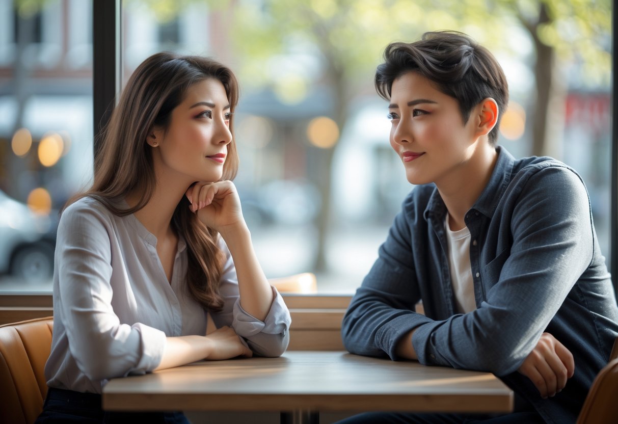 A young woman looks thoughtful while sitting across from a young man at a café table, with a blurred street scene in the background.