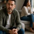 A married couple sits apart in a softly lit home, appearing thoughtful and emotionally distant.