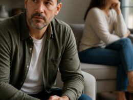 A married couple sits apart in a softly lit home, appearing thoughtful and emotionally distant.