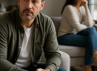 A married couple sits apart in a softly lit home, appearing thoughtful and emotionally distant.