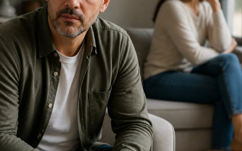A married couple sits apart in a softly lit home, appearing thoughtful and emotionally distant.