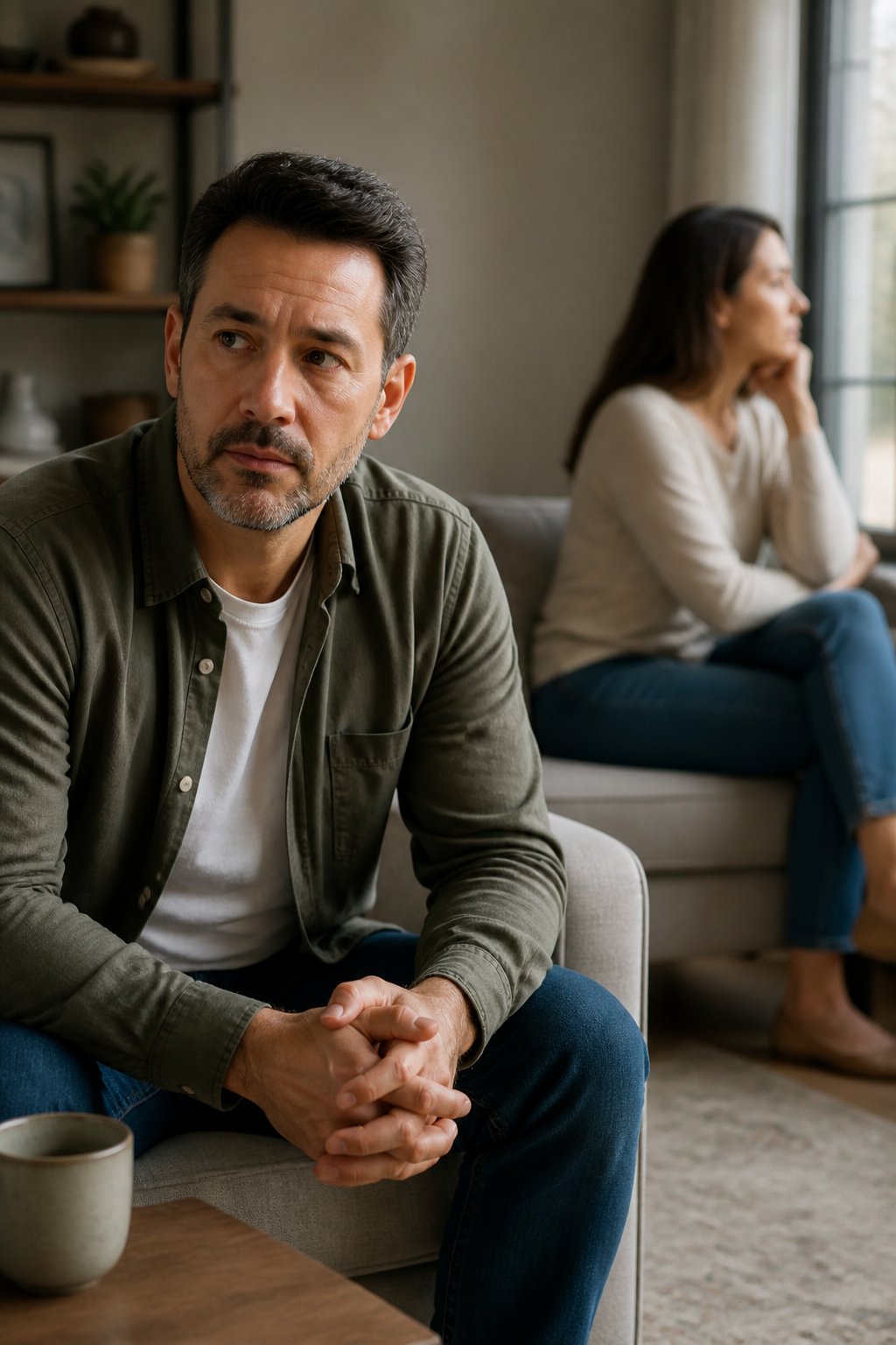 A married couple sits apart in a softly lit home, appearing thoughtful and emotionally distant.