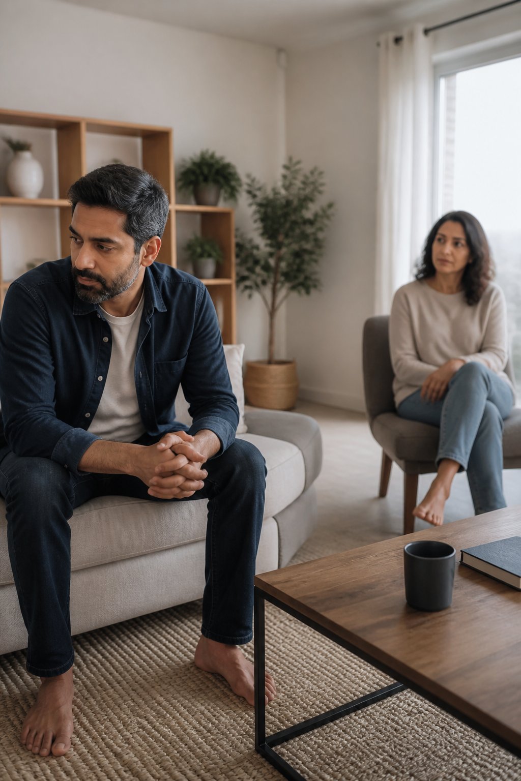 A married couple sits apart in a living room, with one partner appearing withdrawn and the other looking concerned.