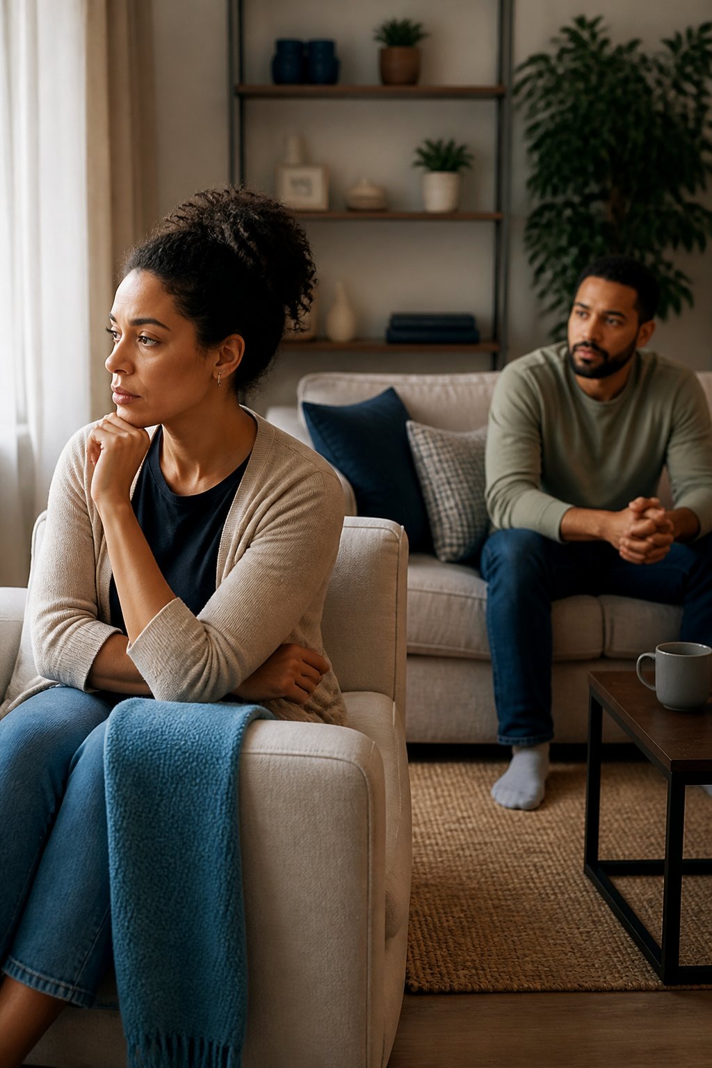 A married couple sits apart in a softly lit living room, appearing thoughtful and emotionally distant.