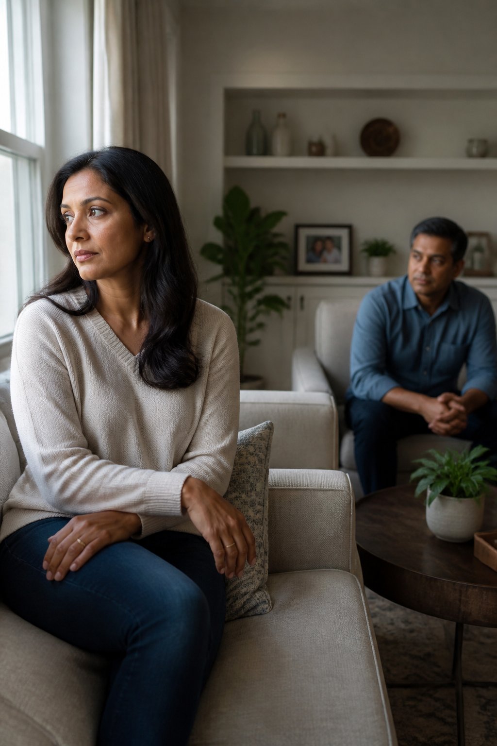 A married couple sits apart in a living room, both appearing thoughtful and emotionally distant.