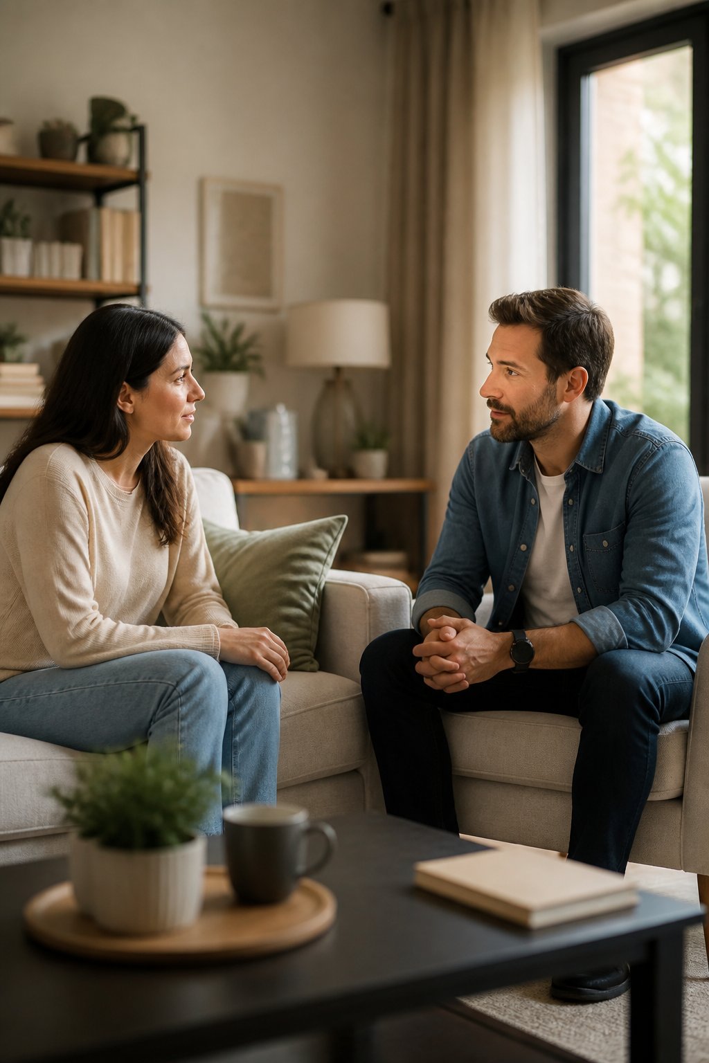 A married couple sits together in a living room having a calm, attentive conversation.