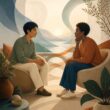 Two adults sit together in a calm setting, sharing an attentive and reassuring conversation.