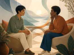 Two adults sit together in a calm setting, sharing an attentive and reassuring conversation.