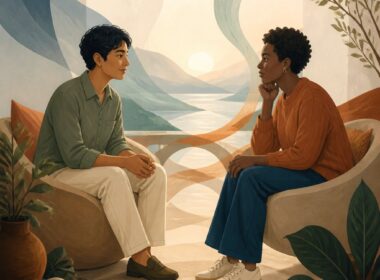 Two adults sit together in a calm setting, sharing an attentive and reassuring conversation.