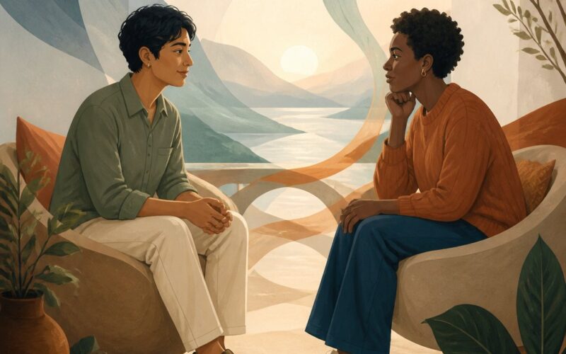 Two adults sit together in a calm setting, sharing an attentive and reassuring conversation.