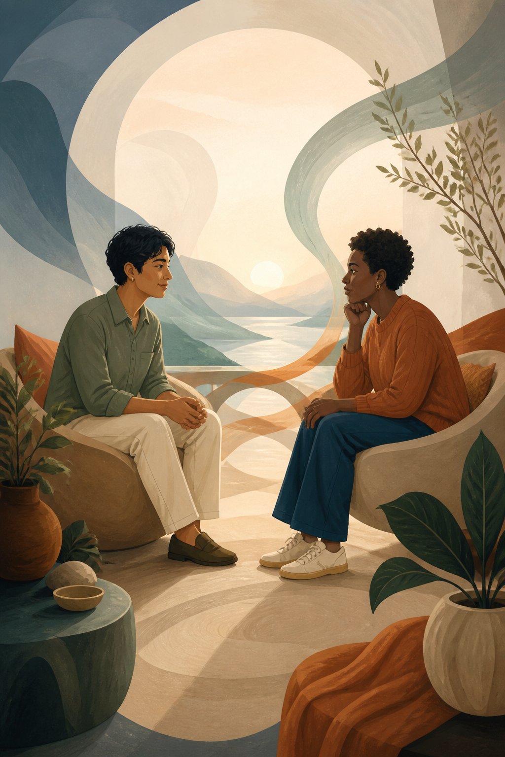 Two adults sit together in a calm setting, sharing an attentive and reassuring conversation.