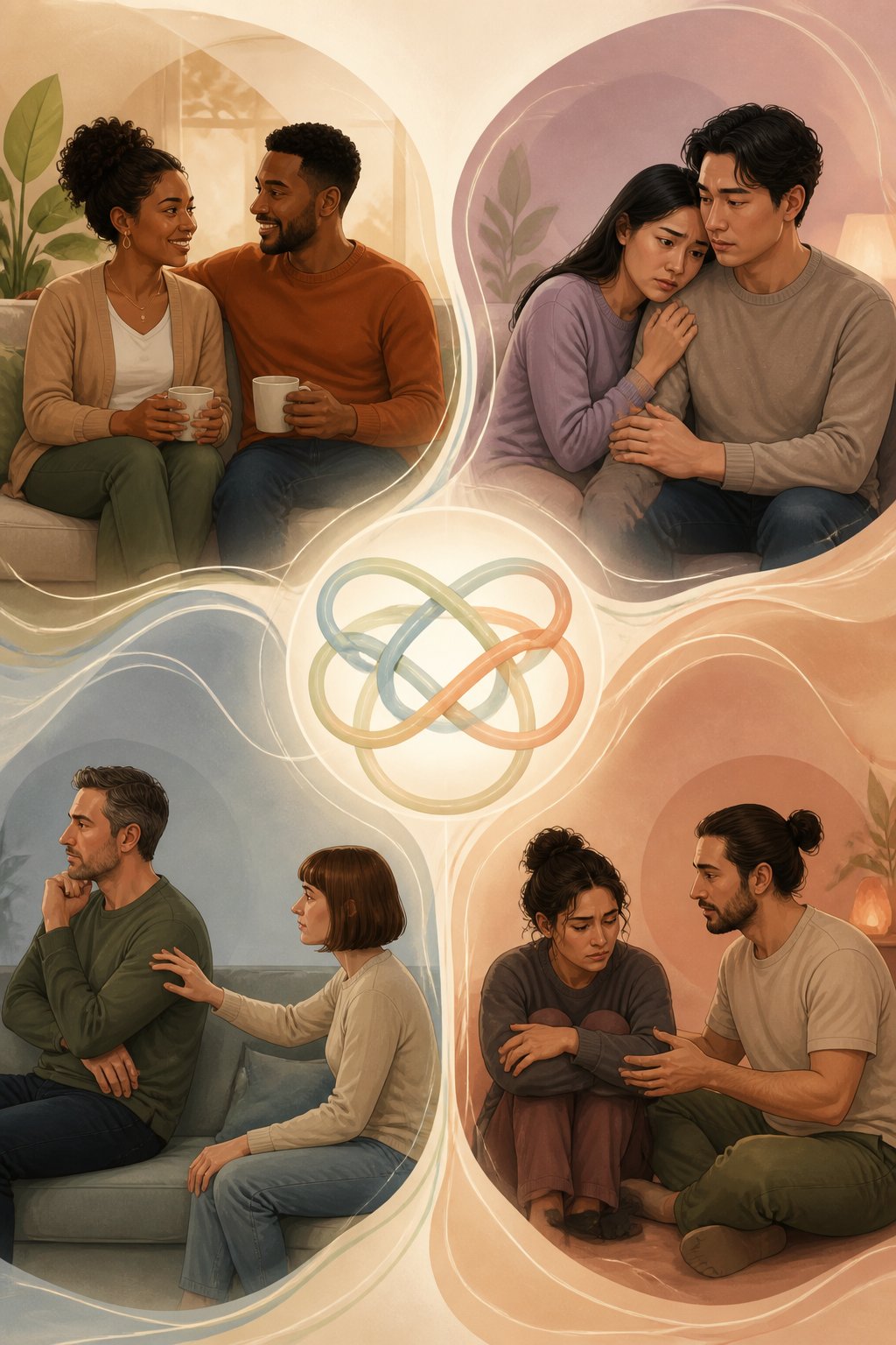 Four diverse couples demonstrate different levels of closeness, reassurance, and emotional distance in their relationships.
