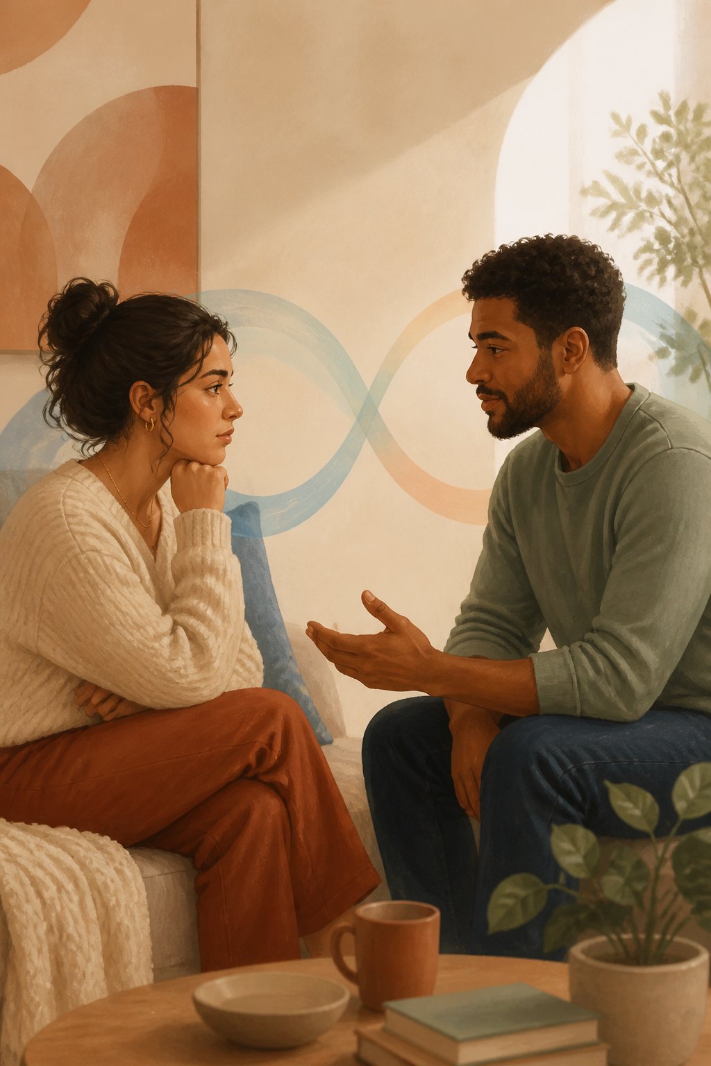 Two adults sit together and thoughtfully discuss their relationship in a warm home setting.