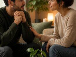 Two partners sit together, listening and offering reassurance as they work toward emotional healing.