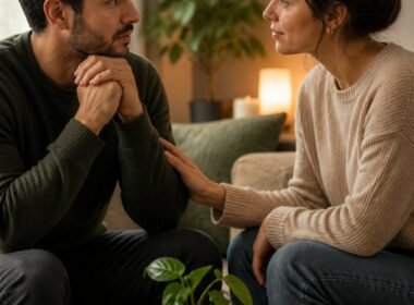 Two partners sit together, listening and offering reassurance as they work toward emotional healing.