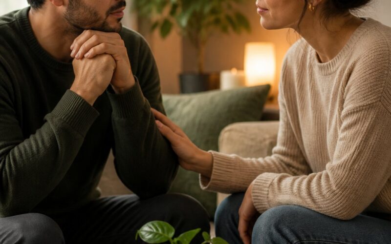 Two partners sit together, listening and offering reassurance as they work toward emotional healing.