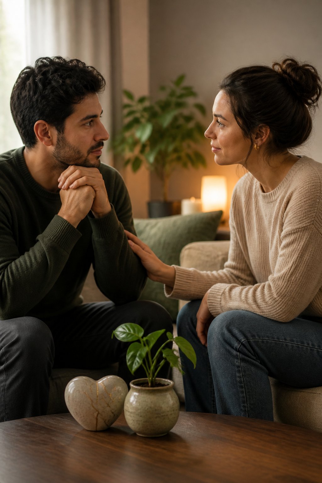 Two partners sit together, listening and offering reassurance as they work toward emotional healing.