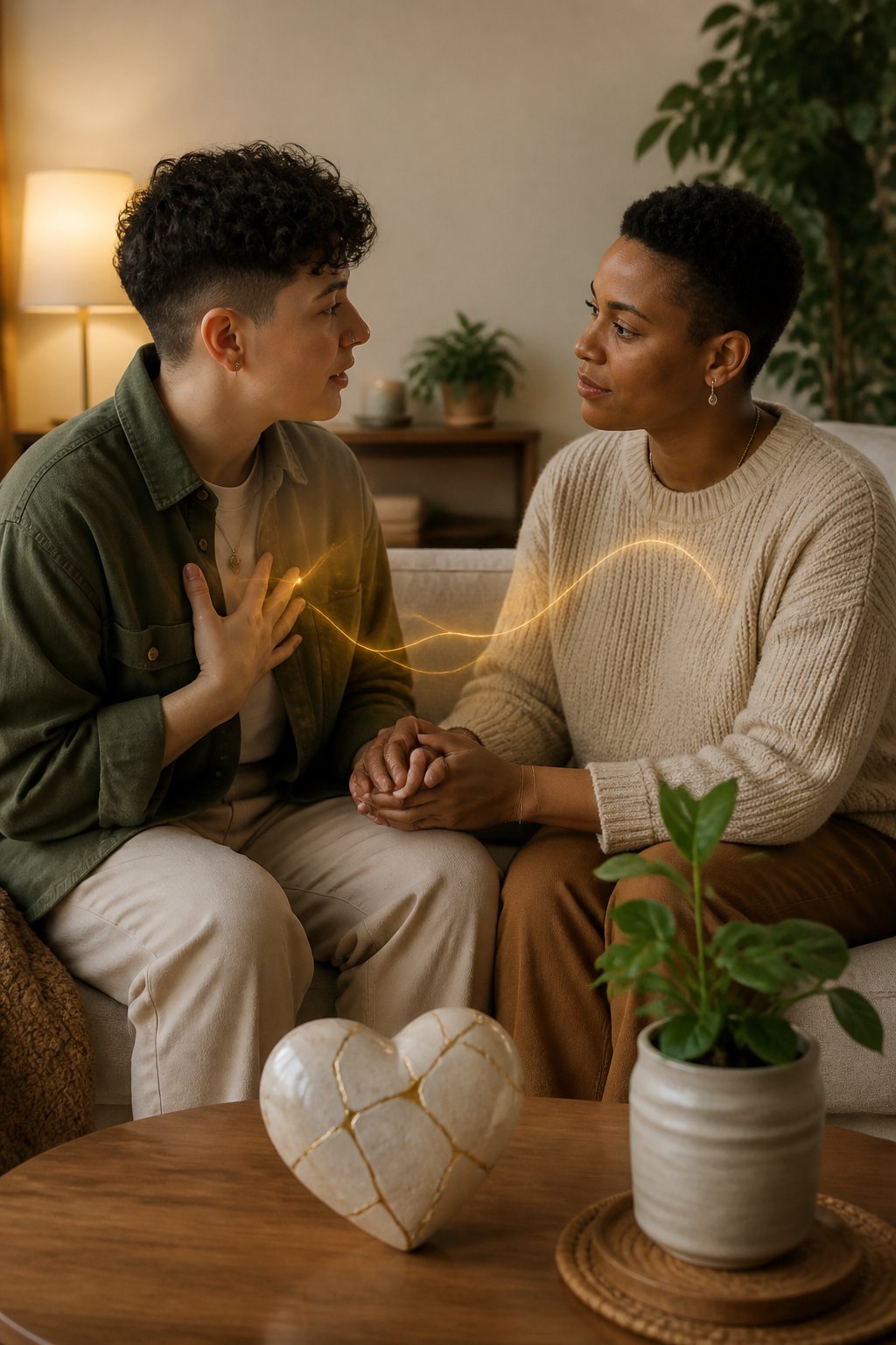 A couple sits together, listening and offering support as they work through emotional challenges.