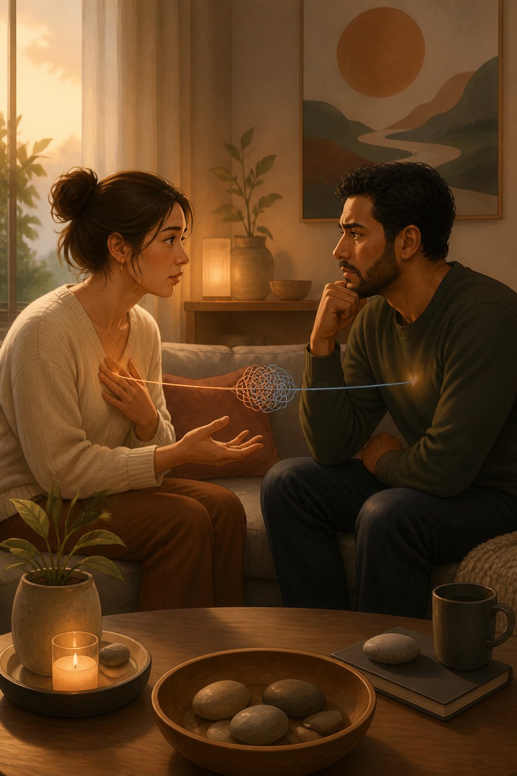 A couple sits together, working through emotional distance with concern, openness, and hope.