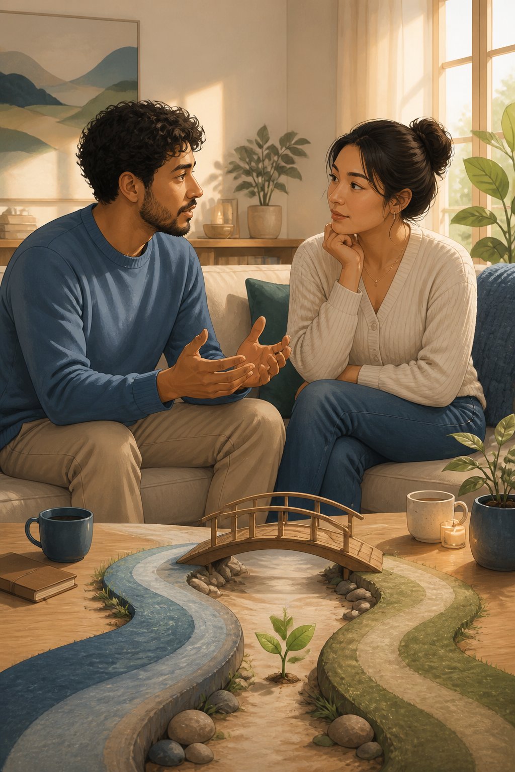 A couple sits together at home, listening openly and building trust through a calm conversation.