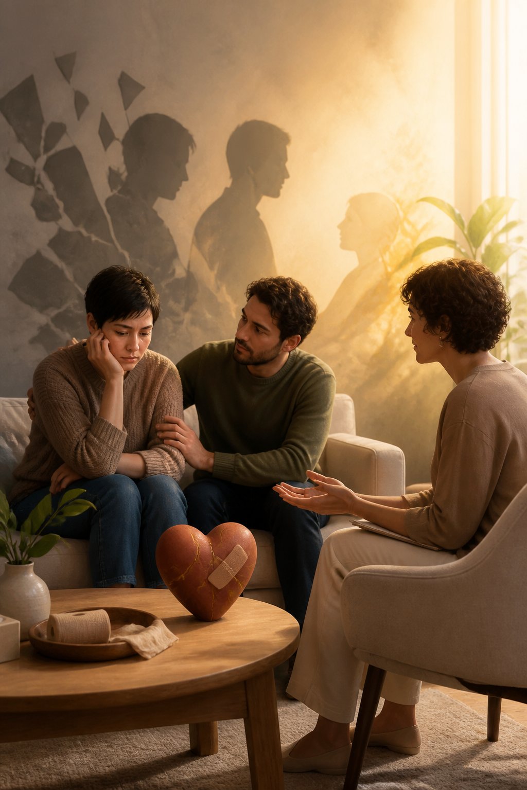 A couple speaks with a supportive counselor while working through emotional pain in their relationship.