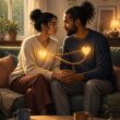 Two adults sit closely together, holding hands and sharing a warm, supportive connection in a calm home.