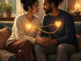 Two adults sit closely together, holding hands and sharing a warm, supportive connection in a calm home.