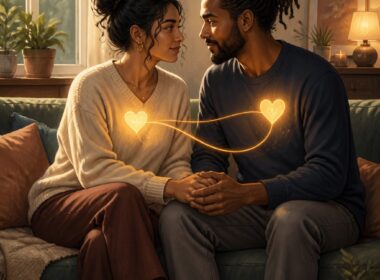 Two adults sit closely together, holding hands and sharing a warm, supportive connection in a calm home.