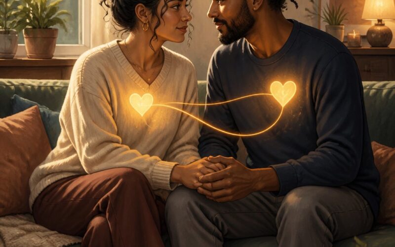 Two adults sit closely together, holding hands and sharing a warm, supportive connection in a calm home.