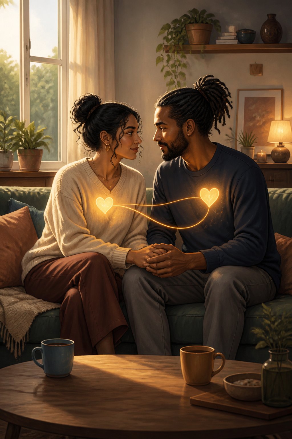 Two adults sit closely together, holding hands and sharing a warm, supportive connection in a calm home.