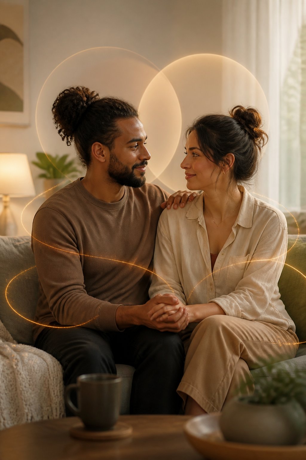 Two partners sit together in a warm, supportive moment, holding hands and sharing a caring connection.