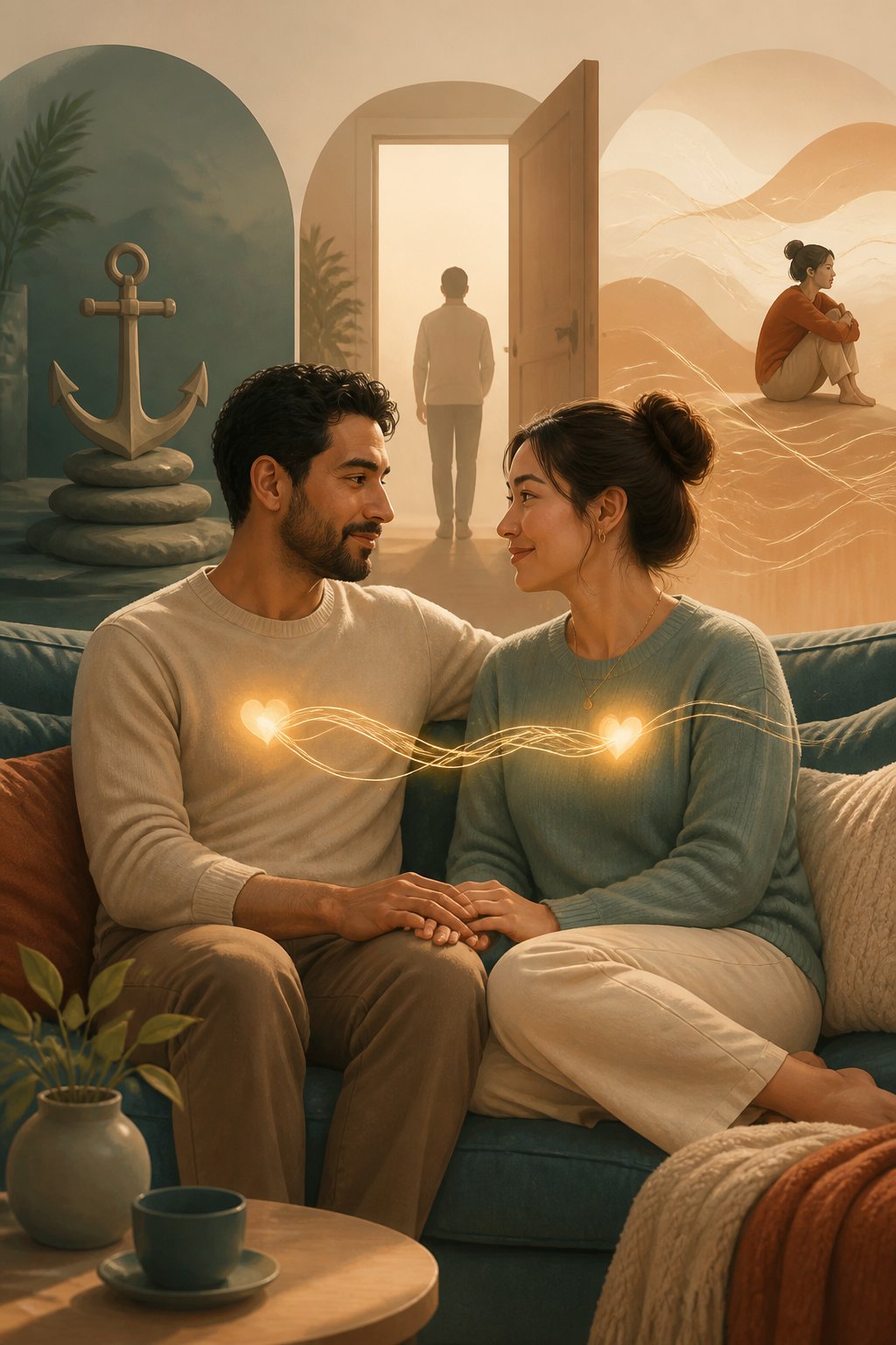 Two adults sit together on a sofa, facing one another with a warm, supportive connection shown between them.