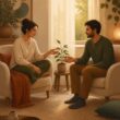 Two partners sit together at home, gently reaching toward each other with warmth and trust.