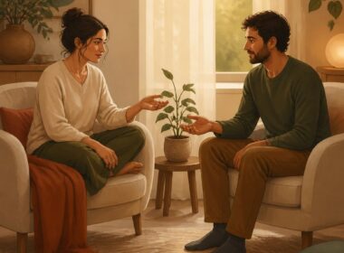 Two partners sit together at home, gently reaching toward each other with warmth and trust.
