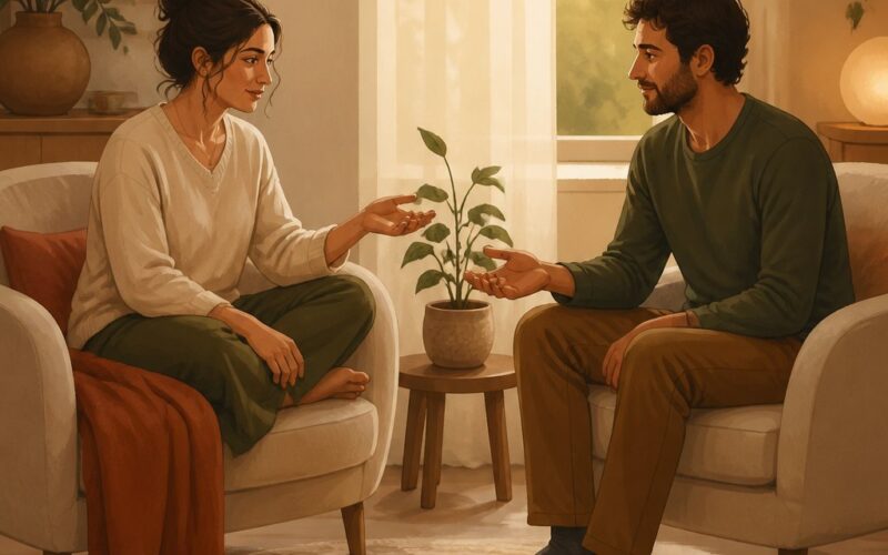 Two partners sit together at home, gently reaching toward each other with warmth and trust.