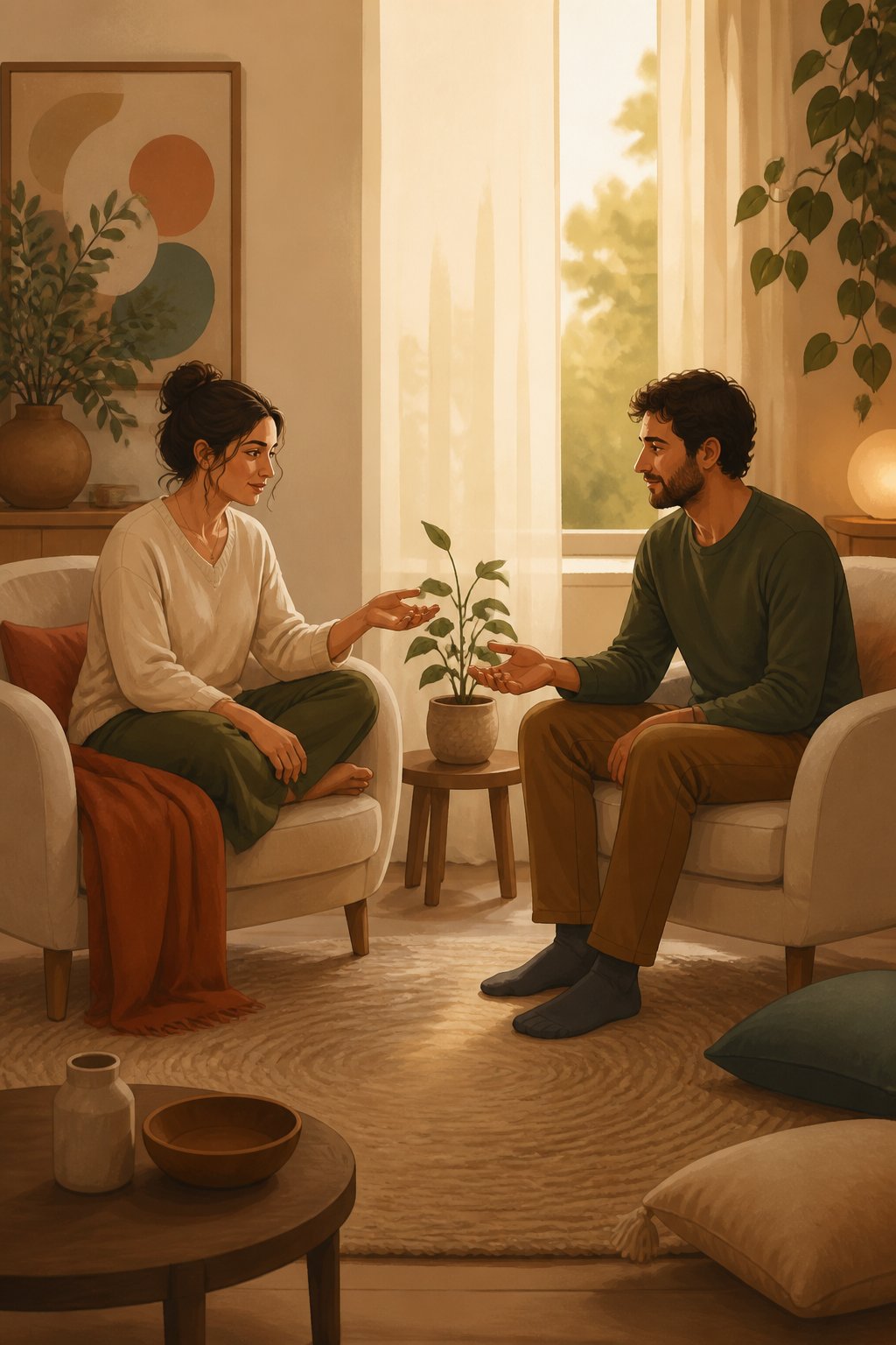 Two partners sit together at home, gently reaching toward each other with warmth and trust.