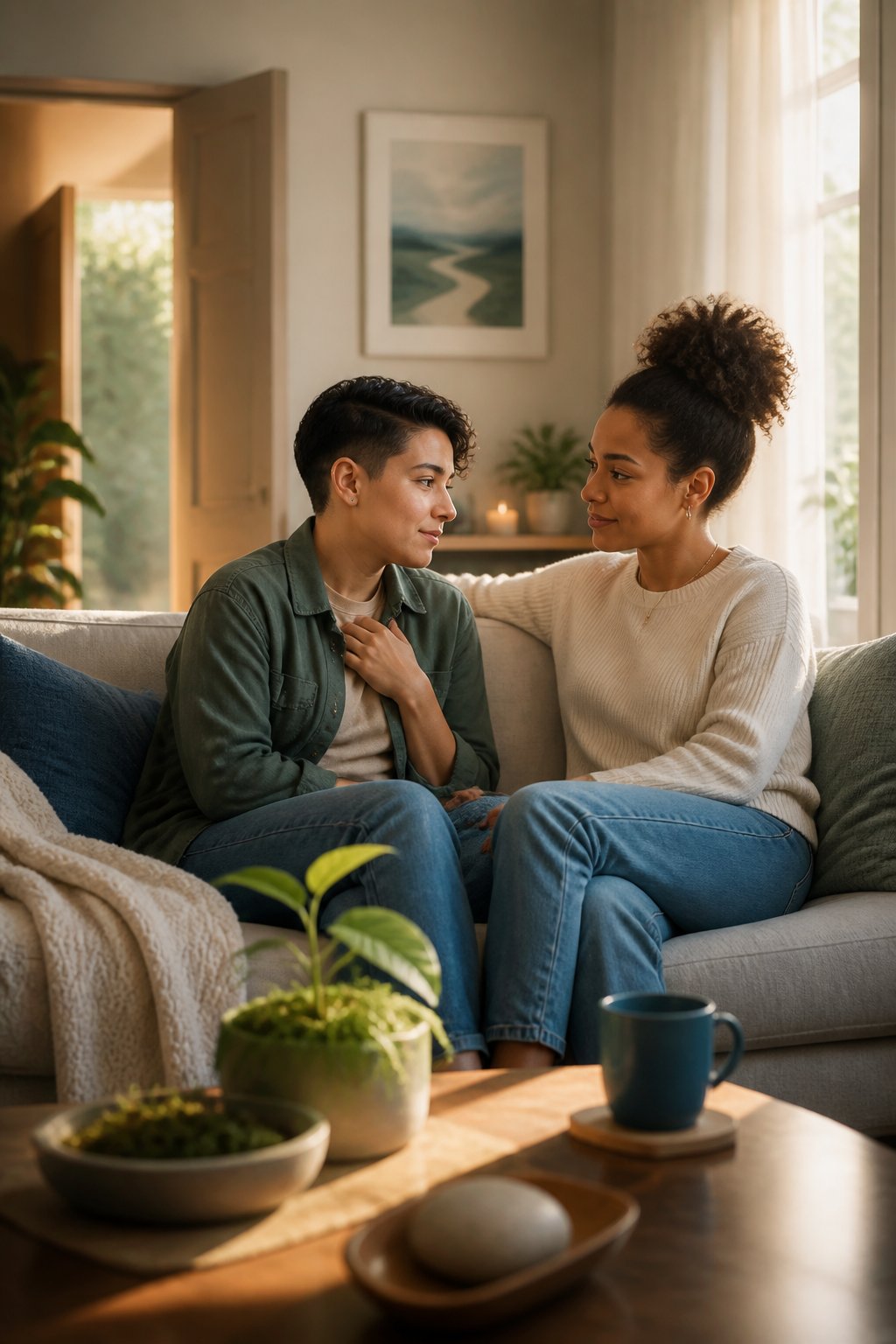 Two partners sit together in a softly lit room, sharing a patient and supportive moment as they grow closer.