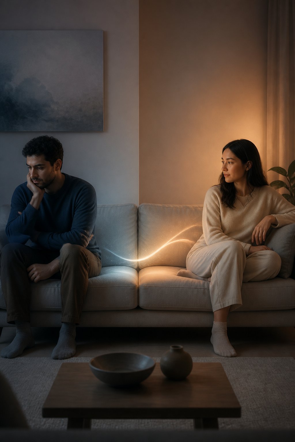 Two partners sit apart on a sofa, with one withdrawn and the other patiently offering space as a warm connection begins to form between them.