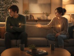 Two partners sit apart on a sofa, struggling with emotional closeness while a fragile connection stretches between them.