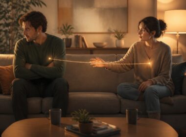 Two partners sit apart on a sofa, struggling with emotional closeness while a fragile connection stretches between them.