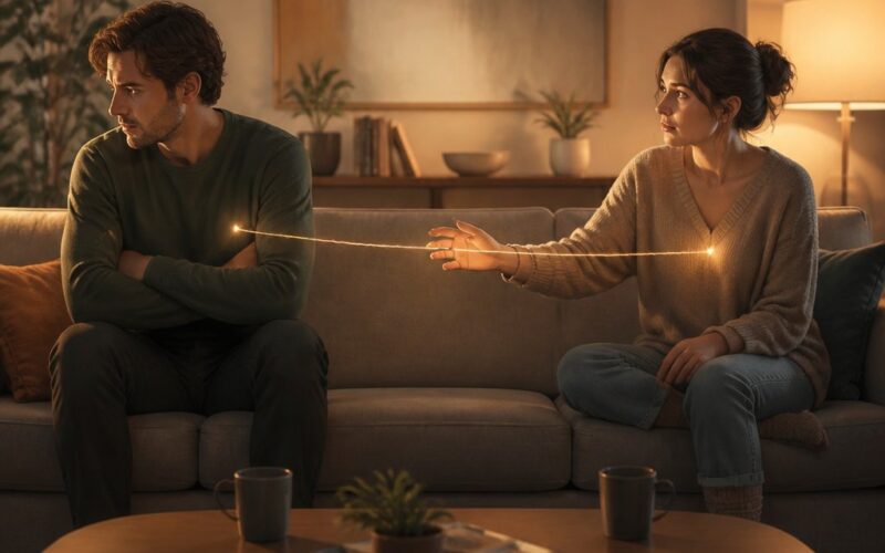 Two partners sit apart on a sofa, struggling with emotional closeness while a fragile connection stretches between them.