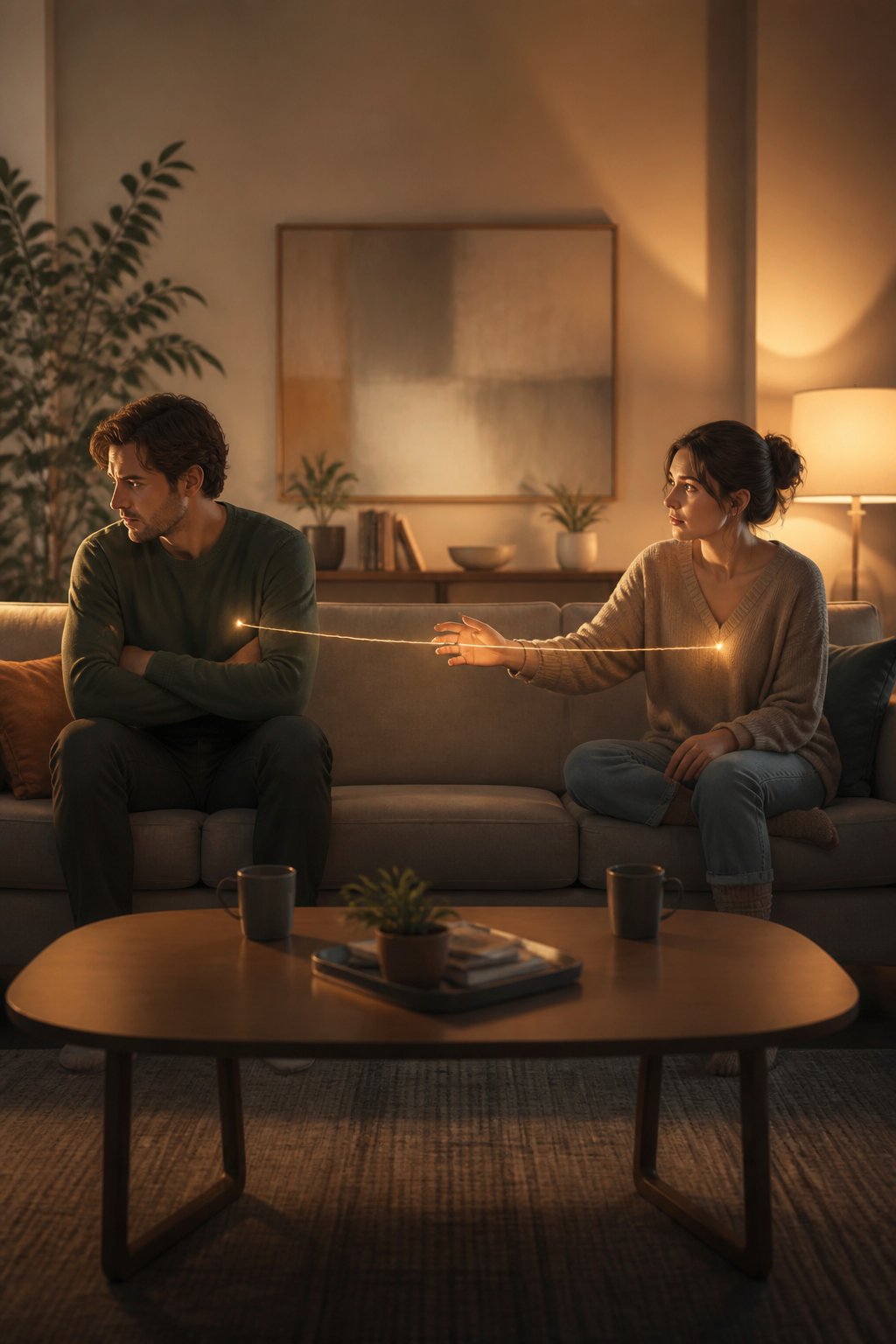 Two partners sit apart on a sofa, struggling with emotional closeness while a fragile connection stretches between them.