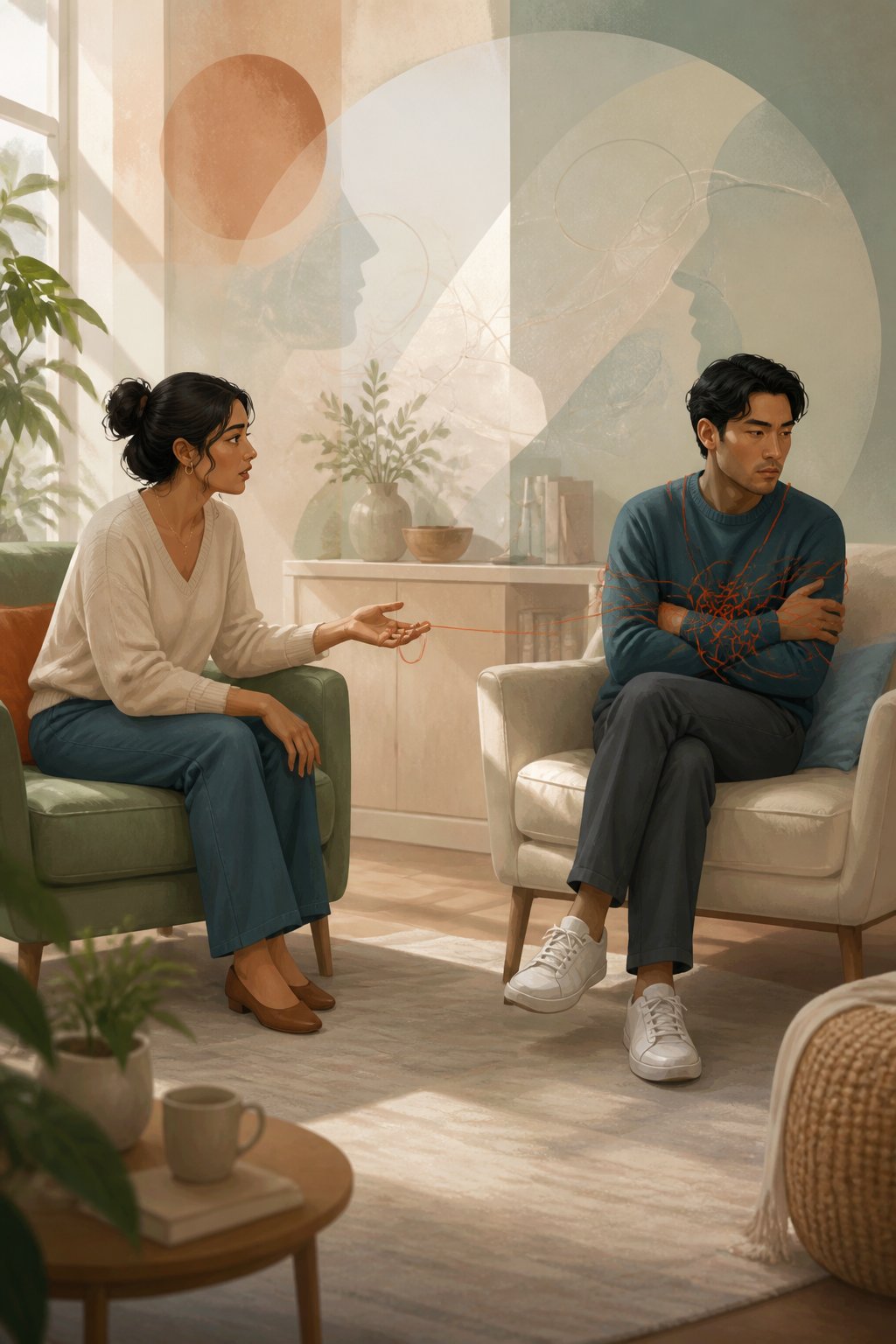 Two partners sit apart in a living room, connected by a tangled thread that reflects emotional distance and differing attachment needs.
