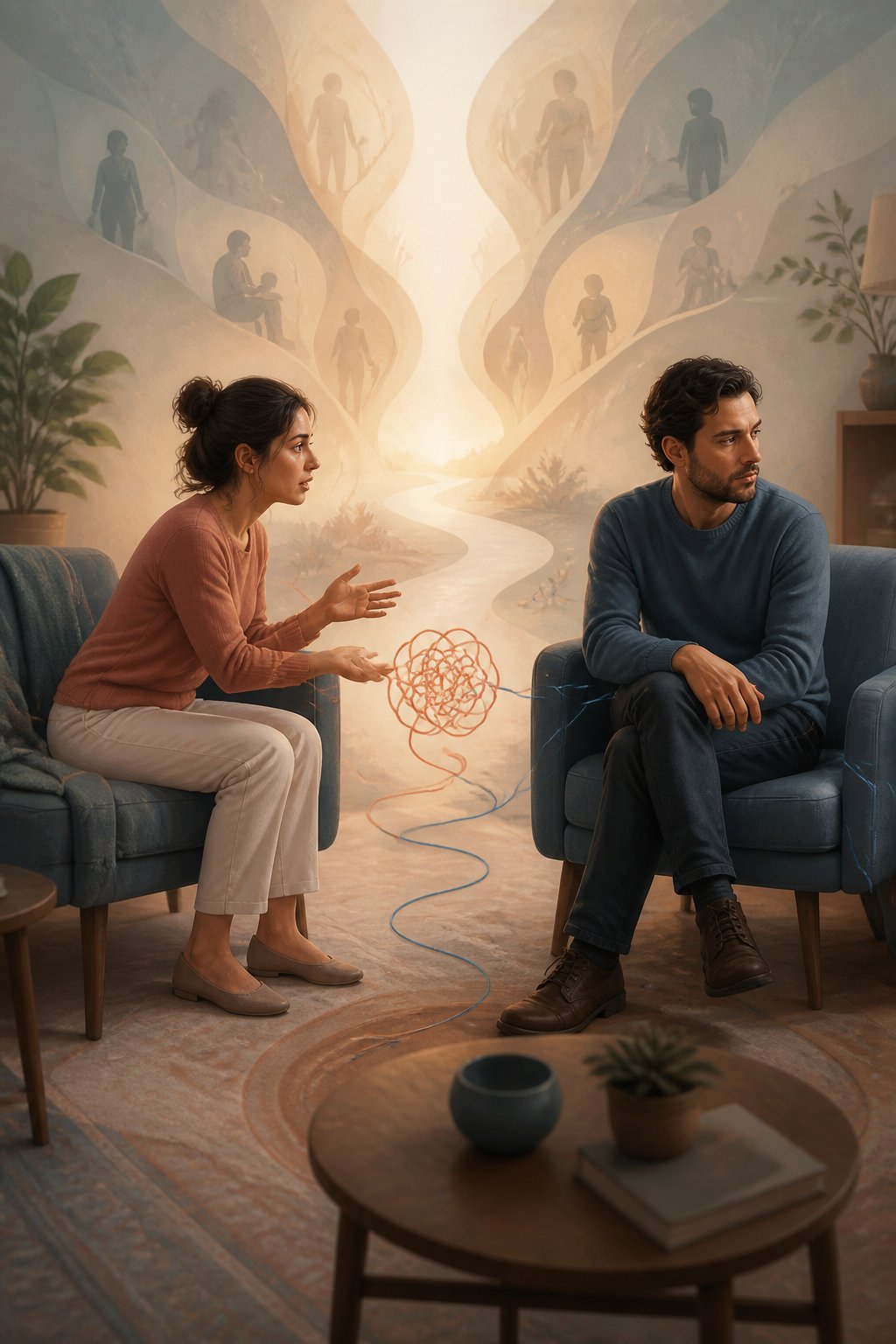 Two adults sit apart in a quiet room, connected by a tangled thread that symbolizes emotional difficulties in their relationship.