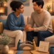 Two partners sit together, holding hands and offering each other reassurance in a calm, supportive setting.
