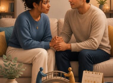 Two partners sit together, holding hands and offering each other reassurance in a calm, supportive setting.